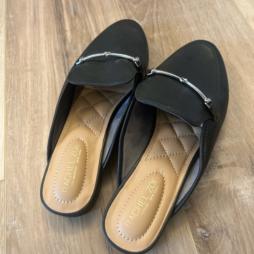 Rachel Zoe Black Leather Mule Loafers with Silver Accent